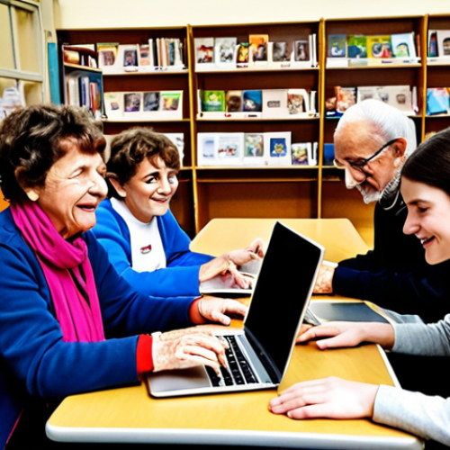 **Prompt 1:** A heartwarming scene in a modern French city, showcasing intergenerational connection and digital inclusion. Elderly individuals and younger volunteers are gathered in a community center or public library (like a Maison France Services), actively participating in a digital literacy workshop, with laptops and tablets. The atmosphere is warm, collaborative, and full of positive human interaction, symbolizing the overcoming of digital isolation through shared learning and local solidarity.