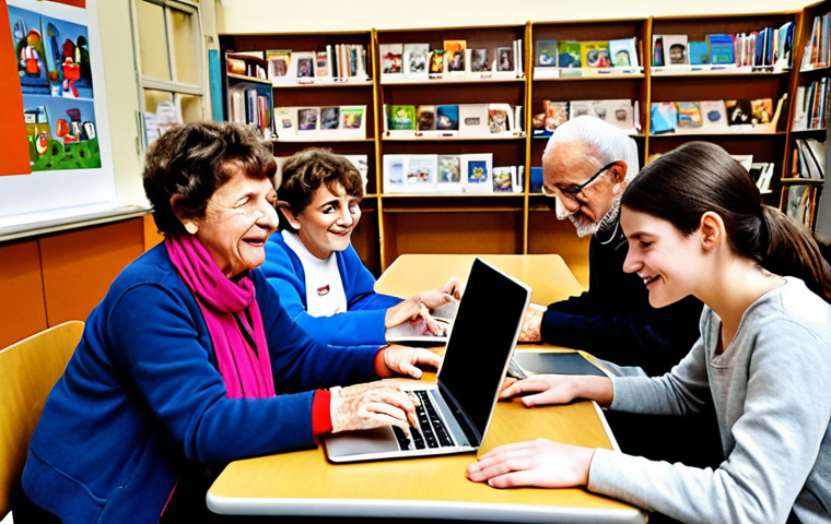 **Prompt 1:** A heartwarming scene in a modern French city, showcasing intergenerational connection and digital inclusion. Elderly individuals and younger volunteers are gathered in a community center or public library (like a Maison France Services), actively participating in a digital literacy workshop, with laptops and tablets. The atmosphere is warm, collaborative, and full of positive human interaction, symbolizing the overcoming of digital isolation through shared learning and local solidarity.