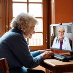 "A caring social worker engaging with an elderly person during a telehealth consultation in a cozy French home interior, emphasizing the importance of remote care and the human connection in social work, warm and comforting atmosphere."