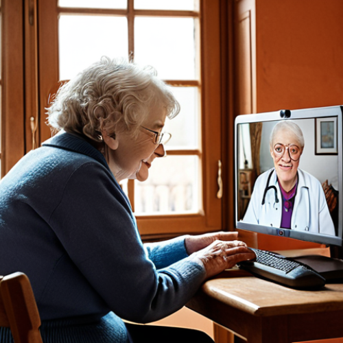 "A caring social worker engaging with an elderly person during a telehealth consultation in a cozy French home interior, emphasizing the importance of remote care and the human connection in social work, warm and comforting atmosphere."