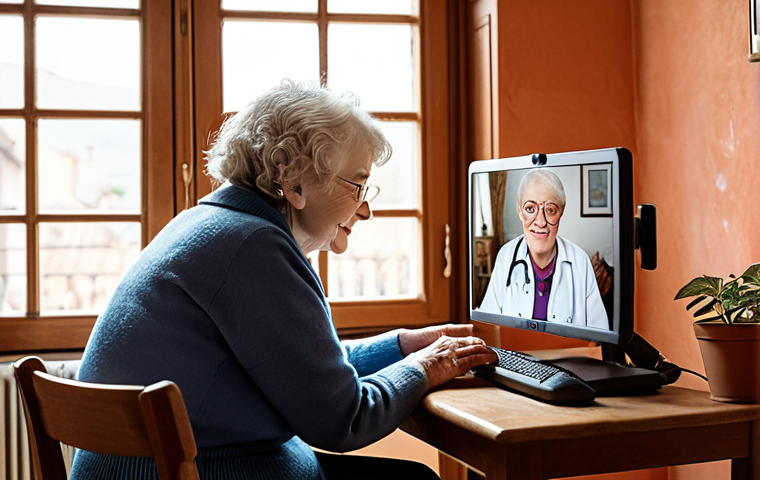 "A caring social worker engaging with an elderly person during a telehealth consultation in a cozy French home interior, emphasizing the importance of remote care and the human connection in social work, warm and comforting atmosphere."