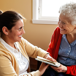 **A human-centered social interaction scene**: A warm, emotionally resonant image depicting a compassionate social worker or caregiver seated comfortably, actively listening to and collaboratively engaging with an elderly woman. They are in a well-lit, inviting home or community center, with a focus on their genuine expressions of empathy, trust, and shared understanding. The scene emphasizes personalized support, empowerment, and the "doing with" approach, where solutions are co-created with the individual. Elements like a shared smile, a gentle hand gesture, or an open notebook with collaborative notes can subtly convey the bond. The overall mood is hopeful, dignified, and highlights the intrinsic value of human connection in social care. Soft, natural lighting, realistic rendering, and a warm color palette.