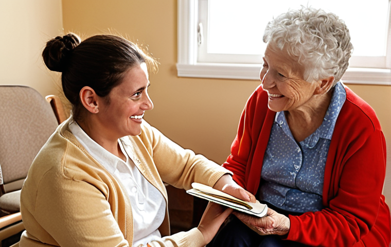 **A human-centered social interaction scene**: A warm, emotionally resonant image depicting a compassionate social worker or caregiver seated comfortably, actively listening to and collaboratively engaging with an elderly woman. They are in a well-lit, inviting home or community center, with a focus on their genuine expressions of empathy, trust, and shared understanding. The scene emphasizes personalized support, empowerment, and the "doing with" approach, where solutions are co-created with the individual. Elements like a shared smile, a gentle hand gesture, or an open notebook with collaborative notes can subtly convey the bond. The overall mood is hopeful, dignified, and highlights the intrinsic value of human connection in social care. Soft, natural lighting, realistic rendering, and a warm color palette.