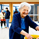 A diverse group of individuals engaging in community support. An elderly woman, fully clothed in modest, comfortable attire, smiles genuinely as she is helped by a young, professionally dressed volunteer at a vibrant local community center, demonstrating intergenerational support. In the background, other community members are seen participating in a food distribution initiative, showcasing collective resilience. The setting is bright and welcoming. Perfect anatomy, correct proportions, natural pose, well-formed hands, proper finger count, natural body proportions. Professional photography, high detail, natural lighting. Safe for work, appropriate content, fully clothed, family-friendly.