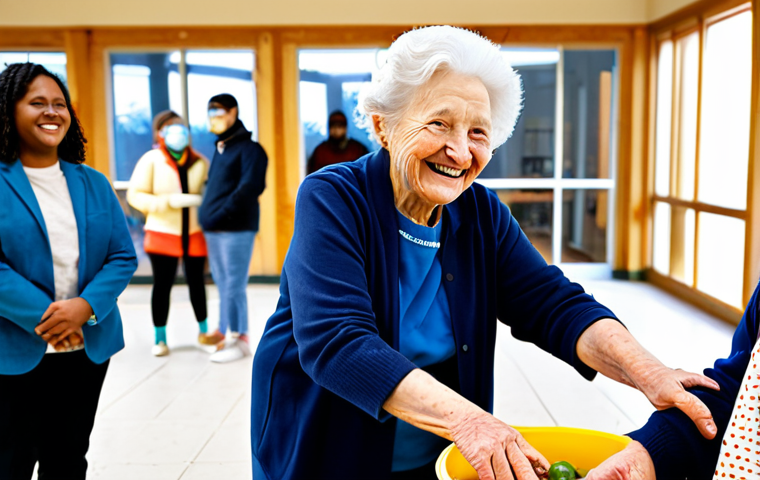 A diverse group of individuals engaging in community support. An elderly woman, fully clothed in modest, comfortable attire, smiles genuinely as she is helped by a young, professionally dressed volunteer at a vibrant local community center, demonstrating intergenerational support. In the background, other community members are seen participating in a food distribution initiative, showcasing collective resilience. The setting is bright and welcoming. Perfect anatomy, correct proportions, natural pose, well-formed hands, proper finger count, natural body proportions. Professional photography, high detail, natural lighting. Safe for work, appropriate content, fully clothed, family-friendly.