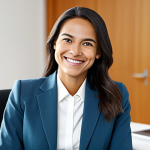 A professional social worker, fully clothed in a modest business suit, seated confidently at a modern office desk in a bright, clean interview room. The subject has an open posture and a genuine, friendly smile, maintaining subtle eye contact with an unseen interviewer. The background features a blurred professional office environment with natural lighting. This image emphasizes calm confidence and professionalism. safe for work, appropriate content, professional dress, fully clothed, perfect anatomy, correct proportions, natural pose, well-formed hands, proper finger count, natural body proportions, high-quality, sharp focus, family-friendly.