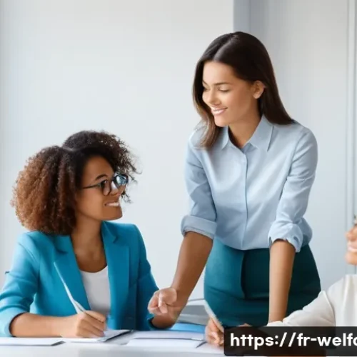 여성복지론 - **Image Prompt:** "A brightly lit, modern office space with diverse women collaborating on a project...