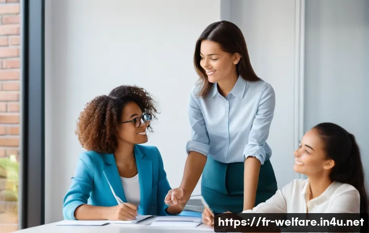 여성복지론 - **Image Prompt:** "A brightly lit, modern office space with diverse women collaborating on a project...