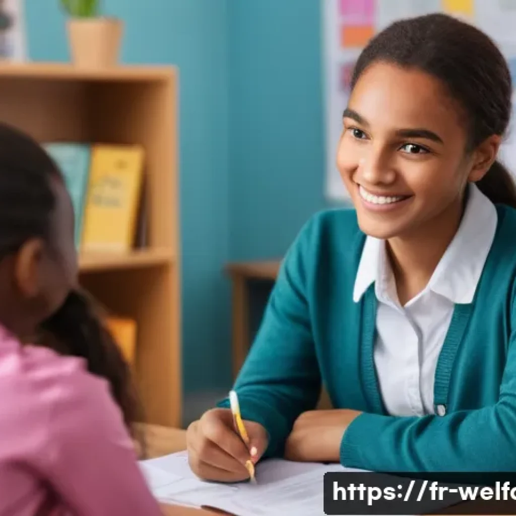 학교사회복지 - **Prompt:** A kind, female school social worker sitting at a desk in a brightly lit office, talking ...