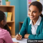 학교사회복지 - **Prompt:** A kind, female school social worker sitting at a desk in a brightly lit office, talking ...