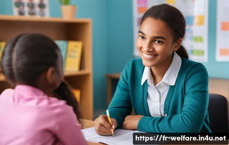 학교사회복지 - **Prompt:** A kind, female school social worker sitting at a desk in a brightly lit office, talking ...