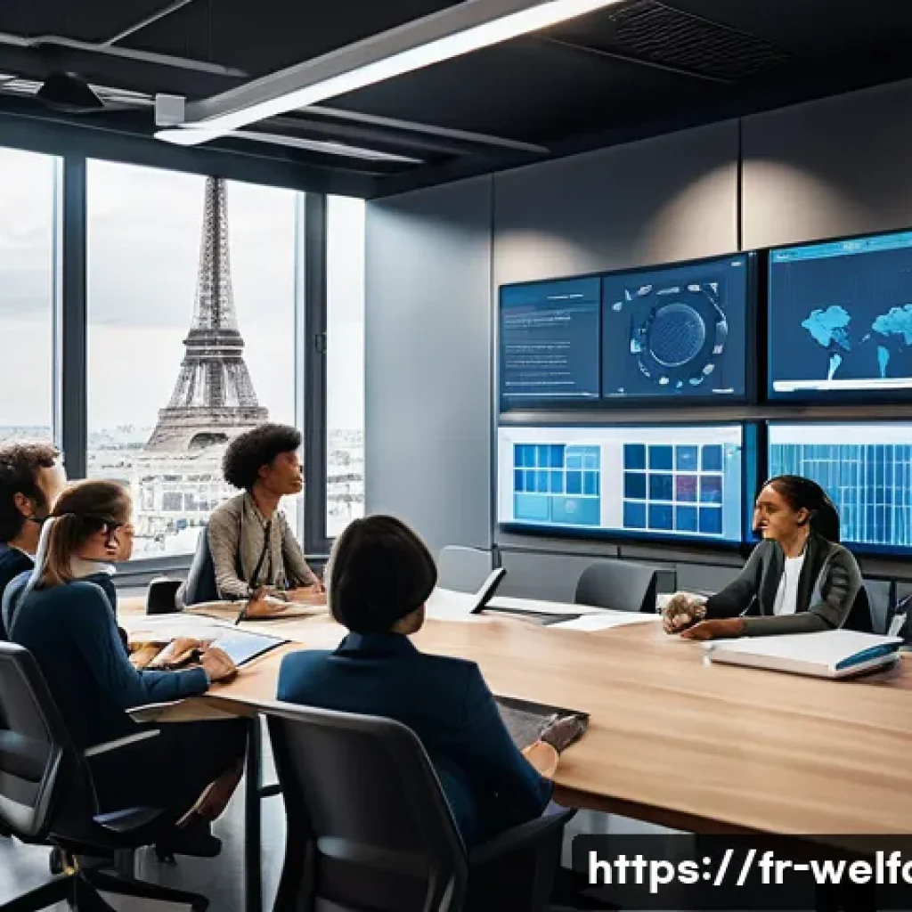 사회복지 성과 평가 - A diverse group of French social workers in a modern office collaborating around a large table, surr...