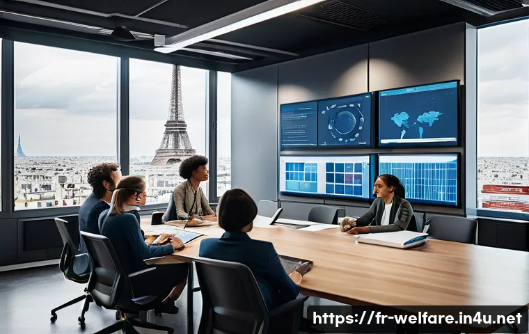 사회복지 성과 평가 - A diverse group of French social workers in a modern office collaborating around a large table, surr...