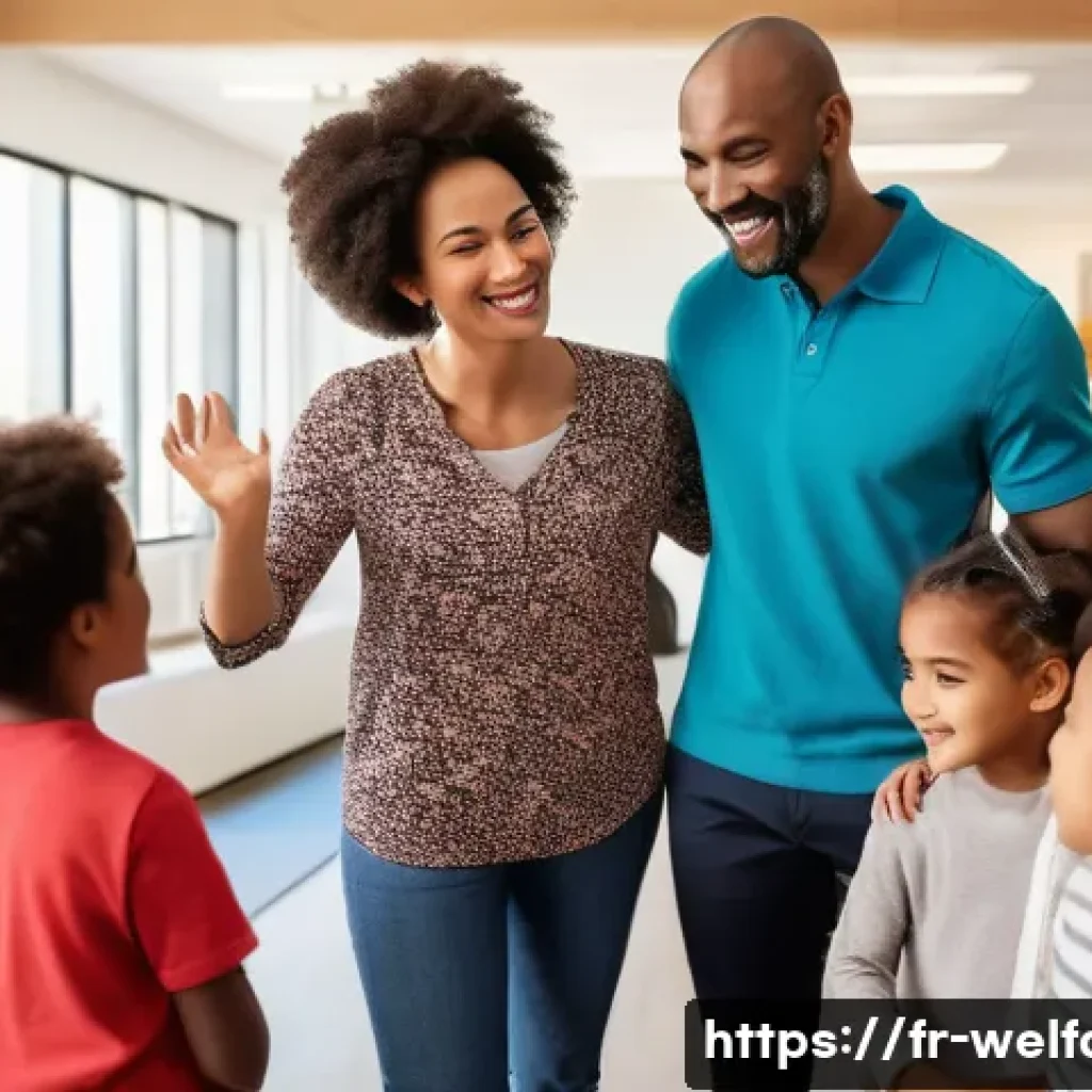 사회복지 다문화 사례 - A multicultural social worker engaging with a diverse group of families in a community center, featu...