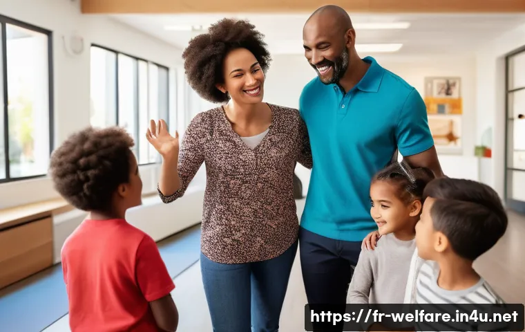 사회복지 다문화 사례 - A multicultural social worker engaging with a diverse group of families in a community center, featu...