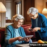 사회복지 정책 변화 - A detailed scene depicting elderly French citizens in a cozy living room setting, engaging with mode...