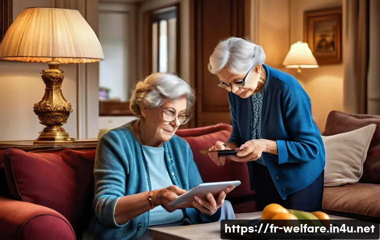 사회복지 정책 변화 - A detailed scene depicting elderly French citizens in a cozy living room setting, engaging with mode...