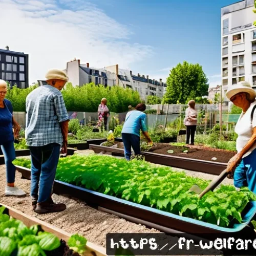 사회복지 문제 해결 - A vibrant community shared garden in a disadvantaged Parisian neighborhood, with diverse adults and ...