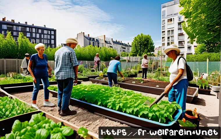 사회복지 문제 해결 - A vibrant community shared garden in a disadvantaged Parisian neighborhood, with diverse adults and ...