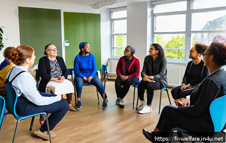 사회복지 컨설팅 - A diverse group of community members gathered in a bright, welcoming social center room, engaged in ...