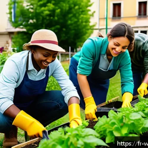 사회복지 리더십 사례 - A vibrant community garden scene in a diverse urban neighborhood of Lyon, France, showing a group of...