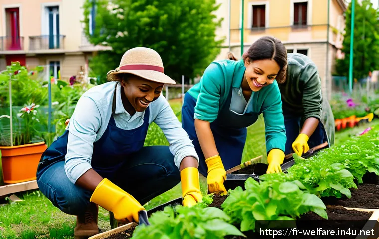 사회복지 리더십 사례 - A vibrant community garden scene in a diverse urban neighborhood of Lyon, France, showing a group of...