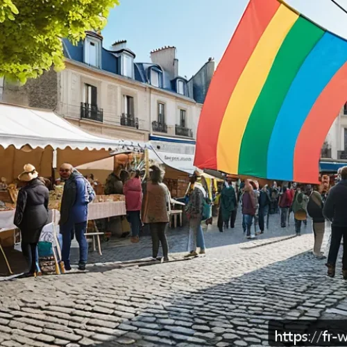 사회복지 커뮤니케이션 - A vibrant local community event in a French neighborhood square, featuring diverse people of all age...