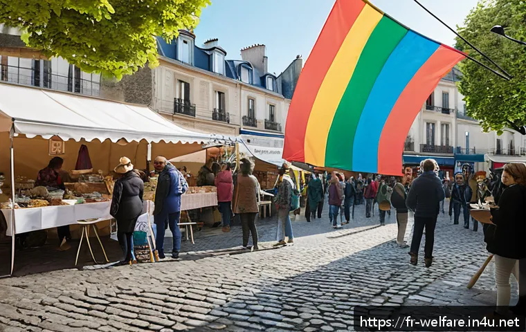사회복지 커뮤니케이션 - A vibrant local community event in a French neighborhood square, featuring diverse people of all age...