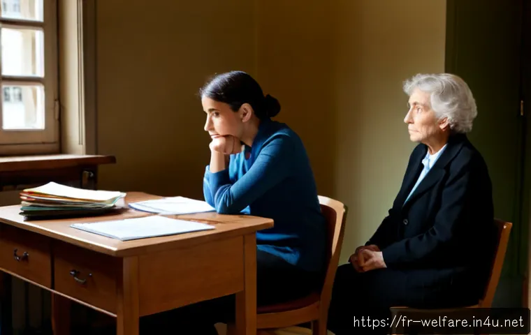 사회복지 윤리적 딜레마 - Photorealistic French social worker in a modest community office in Lyon, seated thoughtfully betwee...