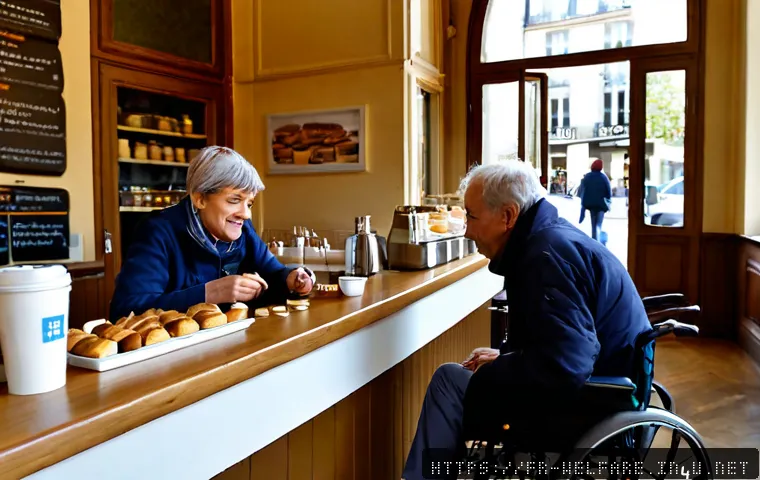 Home 17 사회복지 사회적 기업 - Photorealistic French social enterprise café in a bright Paris neighborhood, diverse employees inclu...