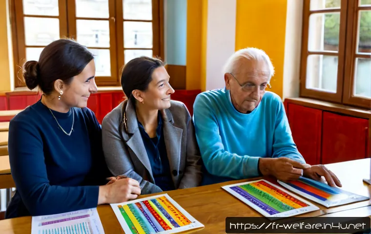 사회복지 해외 사례 연구 - Photorealistic social welfare research meeting in a bright community center in Lyon, France, diverse...